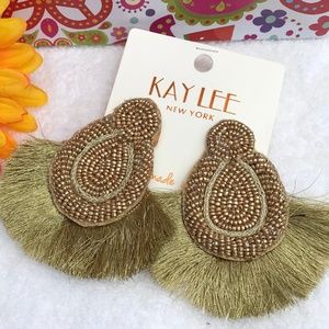 Large Boho Seed Bead Fan Tassel Post Drop Earrings